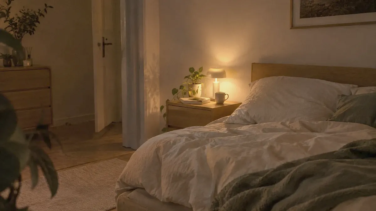 Retrouver le sommeil après le changement d'heure Retrouver le sommeil après le changement d'heure : lampe de chevet allumée, tasse et livre le soir